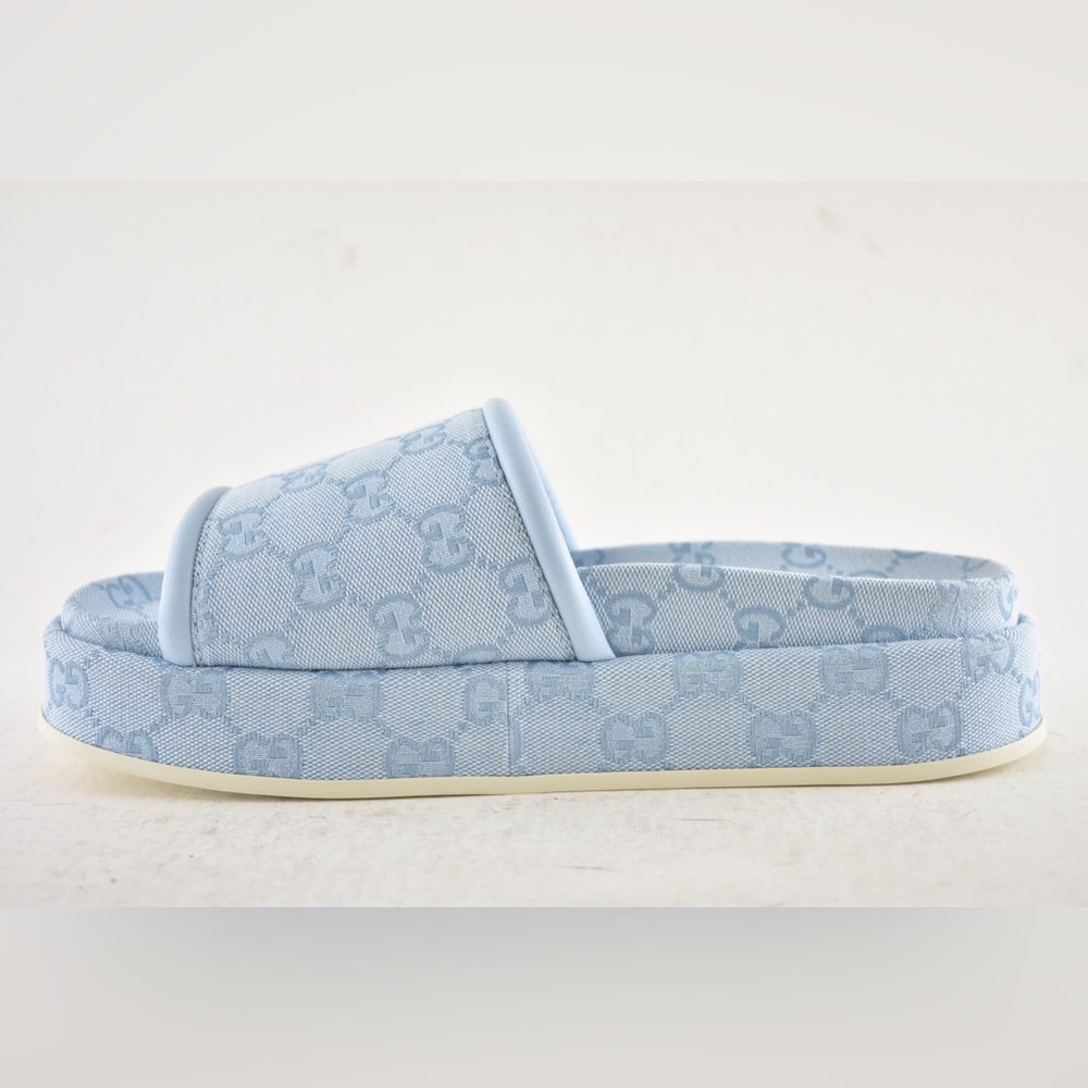 Gucci Light Blue GG Monogram Logo Canvas Mule Flat Slide Platform Sandal 39 - Picture 12 of 16